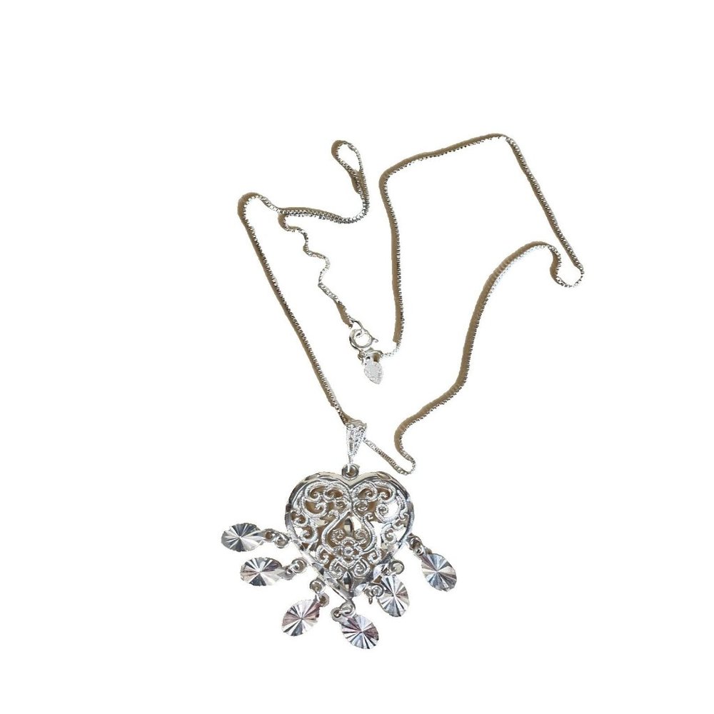 Valentine Dangling Heart Sterling Filigree Necklace 925 Turkey 16" - Picture 11 of 15